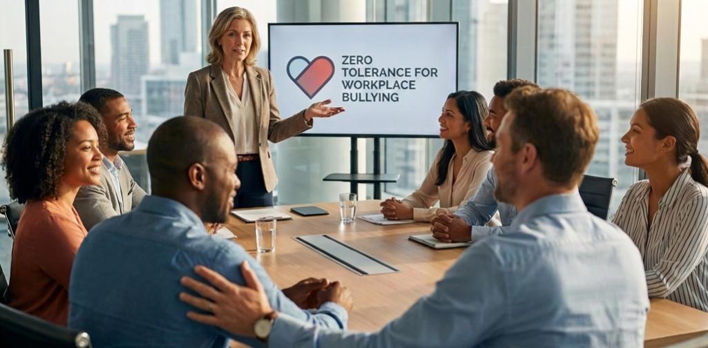 Zero Tolerance for Workplace Bullying - Diverse professionals in a meeting showing organizational commitment